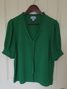 CeCe Tie V-Neck Blouse (sz L, green)